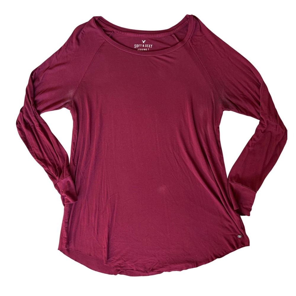 American Eagle Soft & Sexy Jegging T Burgundy Maroon Raglan Long Sleeve Top L